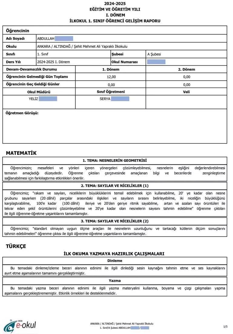 2024-2025 Eğitim Döneminde Gelişim Raporu Uygulaması